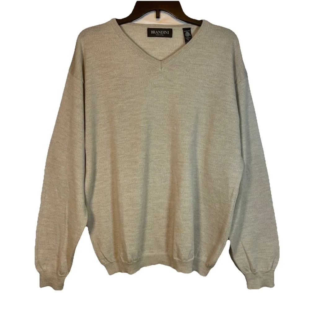 Brandini Italian Merino Wool Pullover Sweater Beige Vneck Quiet Luxury Preppy LG
